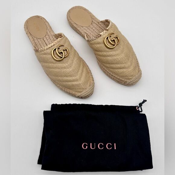 GUCCI GG Marmont Straw Elaphe Matelasse Espadrille Mules Natural Raffia EU 38.5 - Picture 1 of 15
